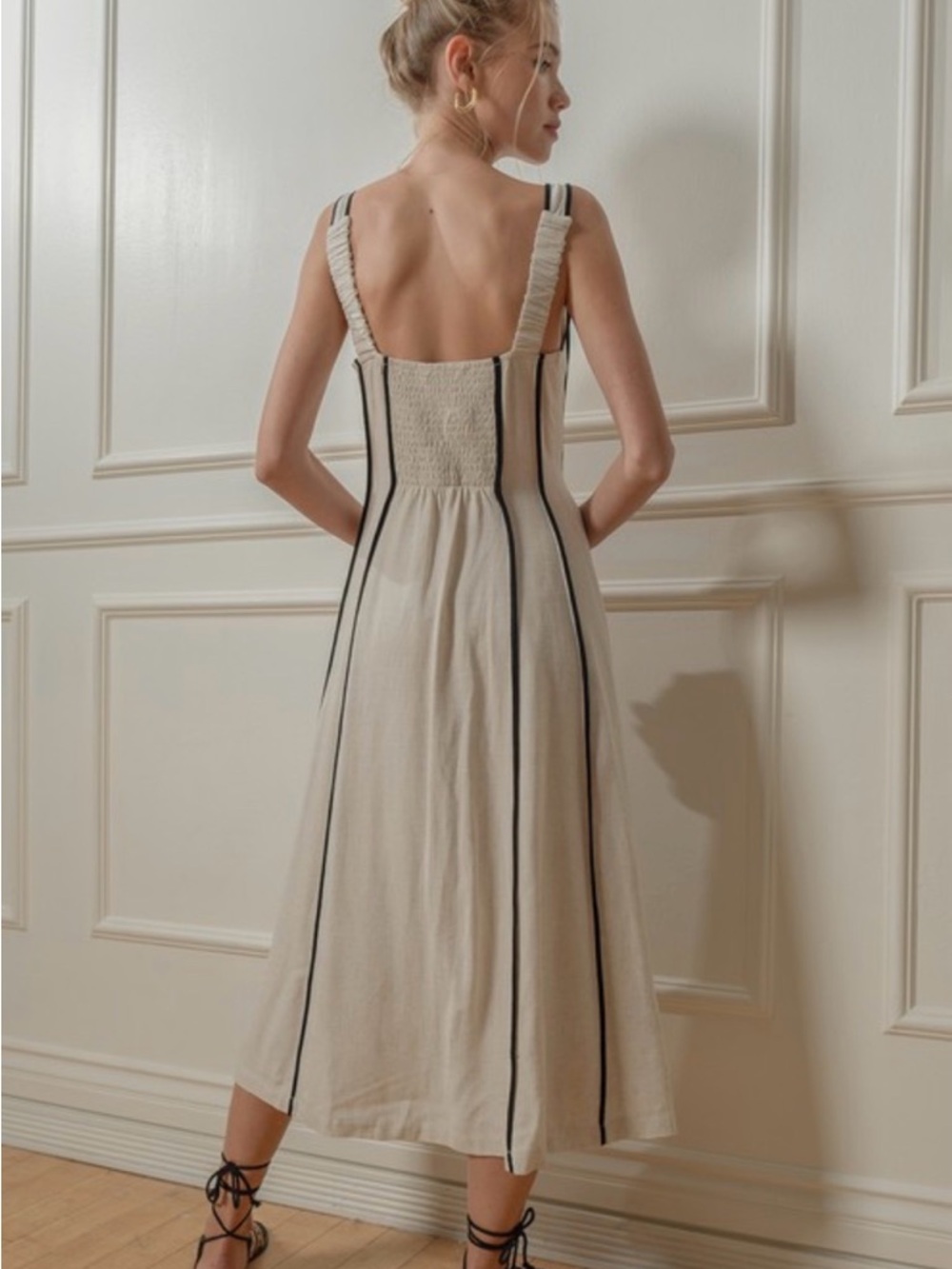 161. Oatmeal linen Sleeveless Cream Maxi Dress with Black Piping - Picture 3 of 3